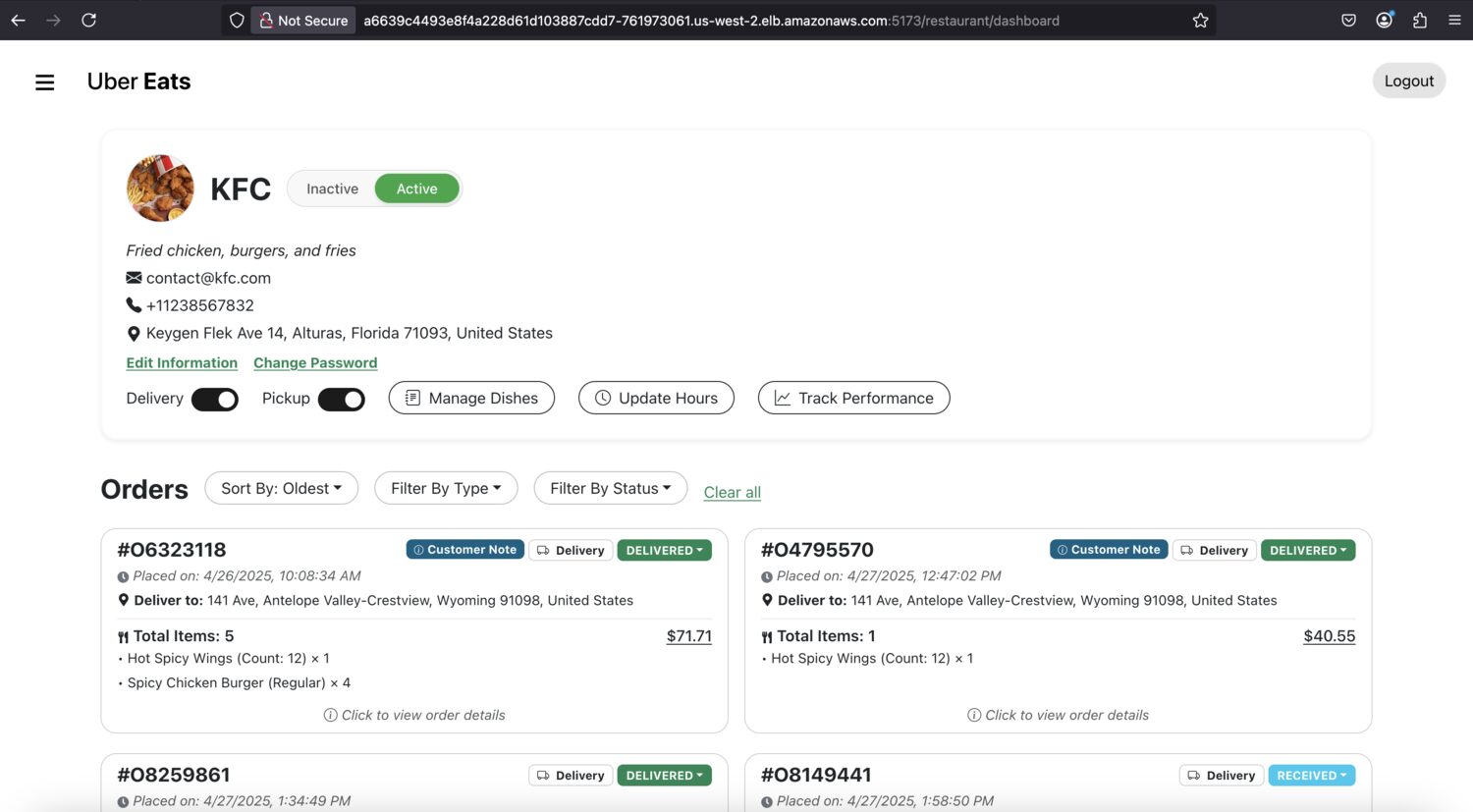 Restaurant dashboard